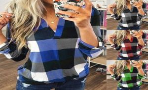 Women Plaid Shirts Plus Size S 5XL Casual Blouse V Neck Folds Pleated Loose Singlebreasted European Half Sleeve Fashion Tops9262797