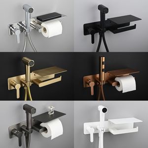 Bidet Sprayer Concealed Handle Brass Valve with Commodity Shelf Paper Holder Plastic Sprayer PVC Hose Grey Brushed Rose Gold