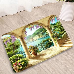 Bath Mats European-Style Natural Scenery Bathroom Mat Terrace Plant Flower Green Leaf Ocean Doormat Bedroom Kitchen Non-Slip Decor Carpet