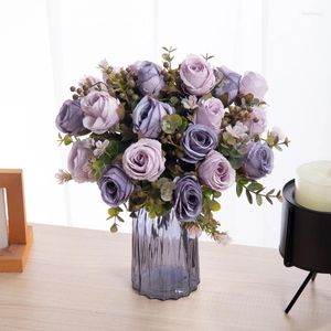 Decorative Flowers 30cm Autumn Artificial Pink Roses Silk Bouquet Peony Vase DIY Bride Wedding Home Room Christmas Decoration Fake Plants