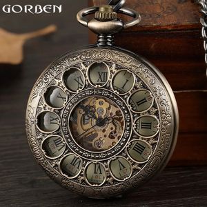Retro Bronze Steampunk Men Mechanical Handwind Pocket Watch Hollow Roman Dial Skeleton Clock FOB Waist Chain Gift 240327