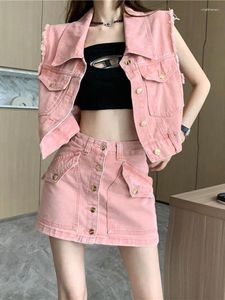 Work Dresses Cowgirl Cargo Skirt Sleeveless Jacket Coat Women 2-piece Set Frayed Pockets Short Bottoms Retro 90s Y2k Denim Suit