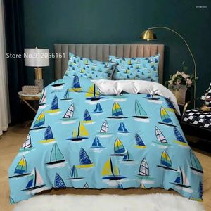 Sängkläder sätter 2/3 PCS Cartoon Sailboat Set 3D Print Nautical Anchor Däcke Cover For Bedroom Bed Quilt Home Textile Bed Strid