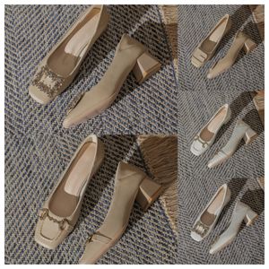 2024 New top Designer High square toe white women fashionable middle heels soft soles thick heels and single shoes