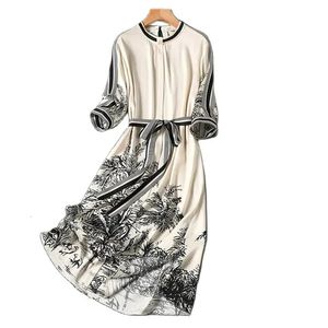 Beige tryck vintage aline Oneck Lace Up Short Sleeve Womens Dress Korean Fashion Midcalf Dresses for Women Spring 240401