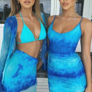 Womens Tie-Dye Long Sleeve Lace-Up Crop Top and Side Ruched Drawstring Mini Skirt Set Summer Bikinis Cover Up Beachwear