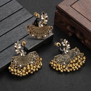 Anéis de casamento de pavão azul vintage conjunto para mulheres étnicas Índia jóias dourado colorido tassel jhumka brinco de jóias