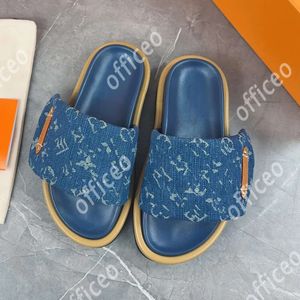 Slipare Designer Slides Women Platform Sandaler Classic Brand Summer Beach Outdoor Scuffs Casual Shoes Denim präglade mjuk platt toffelsko 35-43 Kvalitet med låda