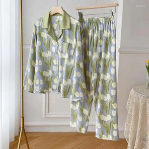 Home Clothing Print Women Satin Pajamas Set Spring Rayon Nightwear 2Pcs Sleep Suit Casual Long Sleeve Wear Clothes Sleepwear Lingerie