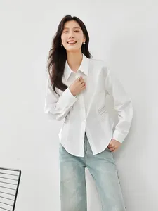Kvinnors blusar Vimly Cotton White Shirt Woman French Style Elegant midjetröjor 2024 Spring Lapel Casual Long Sleeve Top M5826