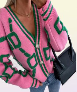 مصمم أزياء سترة للنساء الأخضر المخطط الوردي متماسكة سيدة سترة كارديجان سفن Vneck فضفاضة الربيع الخريف 2022 K2959457
