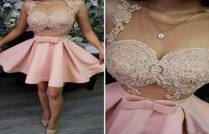 Abiti rosa per il ritorno a casa Appliques in pizzo a torro Sheer Abito da ballo corto Sexy Vedi attraverso abiti da cocktail party abiti economici8139847