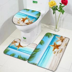 Bath Mats Beach Starfish Mat Set Seaside Palm Leaves Ocean Nature Landscape Home Carpet Bathroom Decor Non-Slip Rugs Toilet Lid Cover