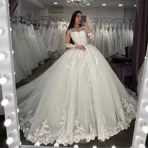 Luxus Elfenbein Illusion Langarmes Brautkleider 2024 Prinzessin Spitzen Applikationen Perlenkleid Brautkleider Vestido de Noiva