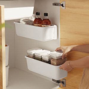 Kitchen Under Sink PP Storage Box Wall-mounted Door Spices Condiments Sliding Kitchen Organizers For Pantry Cabinet Closet Box