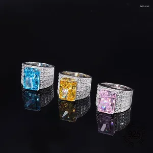 Cluster Rings Pink Yellow Blue Color Crushed Cut High Carbon Diamond Mirco Setting Zircon 925 Sterling Silver Big Ring