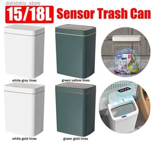 Avfallsfack 15/18L Auto Motion Sensor skräp kan automatiskt papperskorgen vattentät tyst avloppsbokskorg som är uppbelaglig för kök badrum sovrum l49