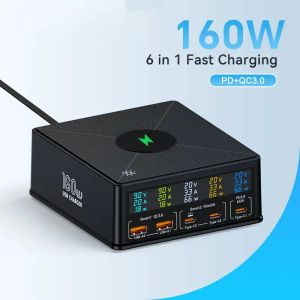 Laddare 160W 5 Port USB -laddare Staion 15W Wireless Charging Fast Charger USBC PD 65W Snabbladdare för iPhone 15 14 13 Samsung Laptop