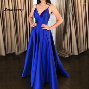 Party Dresses Simple Royal Blue Evening Dress A Line Satin Spaghetti Straps Prom Peat Kirtformal Gown Long
