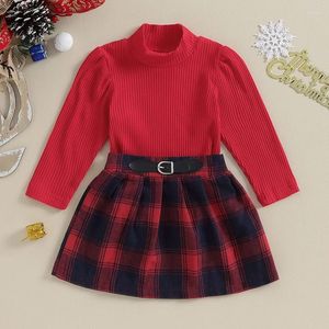 Giyim Setleri Çocuk Bebek Kızlar 2 Parça Kıyafet Sonbahar Kırmızı Uzun Kollu Şeritli Tişörtler ve Ekose A-Line Mini Etek Noel Partisi Kız