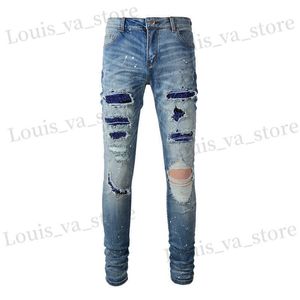 Jeans masculinos homens jeans de cristal jeans strtwear Patch Patch Patch skinny cônico buraco rasgado calças angustiadas T240411