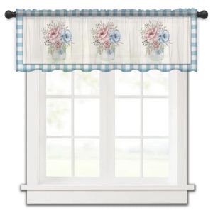 Blume Plaid Vase blaue Küche kleine Fenster Vorhang Tüll reine kurze Vorhang Schlafzimmer Wohnzimmer Wohnzimmer Dekor Voile Vorhänge