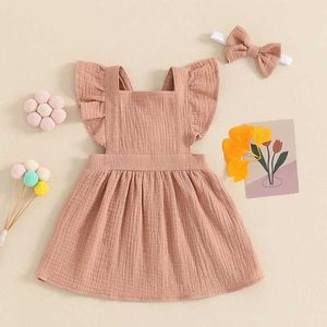 Mädchenkleider Kleinkind Kinder Kleidung Baby Girls Sommer lässig Kleid Prinzessin Säugling feste rückenfreie Baumwollwäsche A-Line-Kleid Stirnband Beachwege