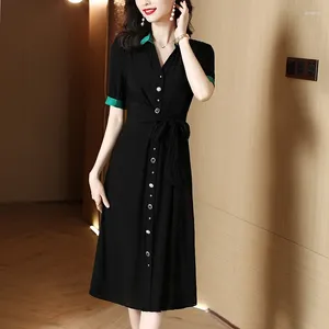 Party Dresses Women's Black Dress Fashion Colorblock Belt Button Down Shirt Vintage Short Sleeve Aline Women Vestidos