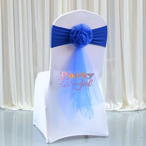 Royal Blue Lycra Chair Band Withtulle Drape Spandex Sash Tie Bow For Chair Cover Wedding Event Party Hotel Decoration