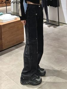 Dżinsy damskie Zawahiki American High Street Black Loose Talle Prosty ładunek spodnie Kobiety szeroko nogi moda vintage solidna kolor w lupgy