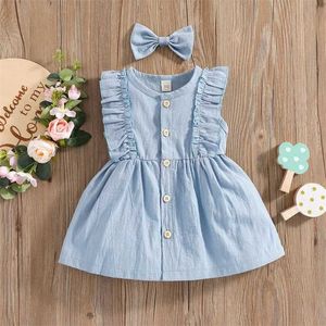 Mädchenkleider Sommer Kleinkindkleider Baby Mädchen Kleidung süße einfarbige Farbe O-Neck Rüschenprinzessin Kleider Girls Casual Kleid und Bug Haarnadel