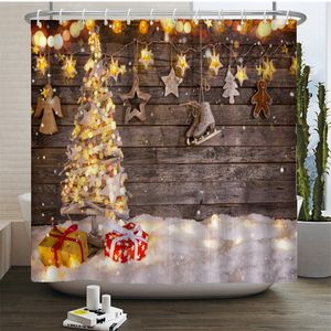 Christmas Tree Print Shower Curtain Set with Anti Slip Toilet Mat Rug Carpet Bath Products Bathroom Home Decor with Hooks