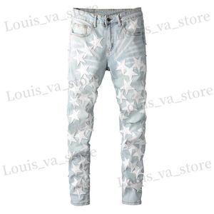 Men's Jeans Mens Leather Stars Patches Design Jeans Strtwear Patchwork Ripped Stretch Denim Pants Slim Skinny Pencil Trousers T240411