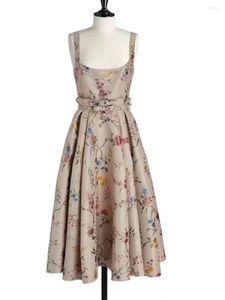 Casual Dresses Fashion Design Women Runway High Street Vintage Apricot Dress Spaghetti Strap Printed Midi With Belt