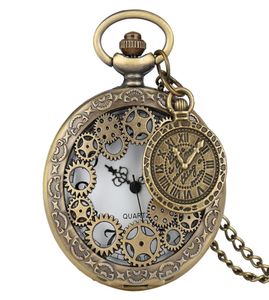 Vine Bronze Hollow Out Gear Case Unisex Quartz Pocket Watch antik analog klockhalsband kedja för män kvinnor gåva2823116