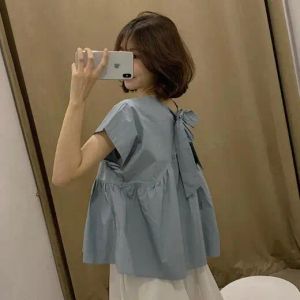 Sukienki Śliczne O lasce z krótkim rękawem Summer biały żółta niebieska bluzka Kobiet wysoka talia Koreańska elegancka peplum Kawaii Holiday Shirt