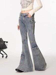 Jeans feminino americano retro high street flare feminino design de bolso cintura slim fit pica