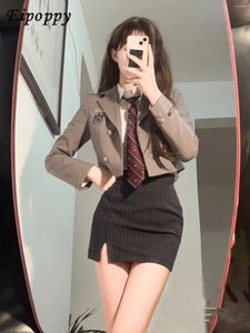 Roupas conjuntos de roupas de estilo colégio casaco curto puro menina longa camisa de manga longa listrada bainha roupa de saia