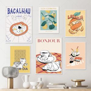 Französisch Croissant Japan Sushi Bom Dia Portugal Kaffee marokkanische Minz -Tee -Drucke Vintage Food Wall Art Poster Küchenheimdekoration