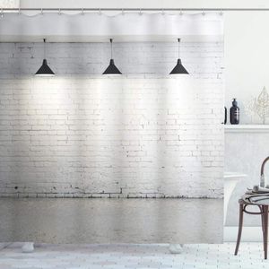 Duschgardiner abstrakt gardin tegelverk betongrum med 3 taklampor modern minimalistisk design badrumsdekor