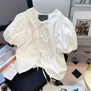 Blouses femininas 2024 Blusa doce Mulheres Bandagem Turn Down Down Puff Sleeve White Shirts Blusas Mujer de Moda Summer Fashion Cute Coreano