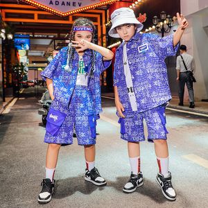 Kid Cool Kpop Hip Hop Clothing Blue Print Shirt Short Sleeve Top Summer Cargo Shorts for Girl Boy Jazz Dance Costume Clothes Set