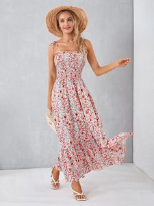 Casual Dresses Women Spaghetti Straps Tie-up Long Dress Floral Print Swing Summer Vacation Party Clubwear