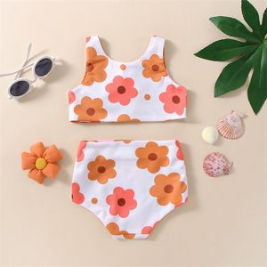 0-24M Baby Girls Swimwear Infant Summer Swimsuit Flower Heart Print Front Knotted Bikini Set Toddler Beachwear Bathing Suits