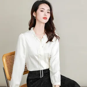 Women's Blouses 2024 Women White Glossy Silk Shirts Oriental Elegant Plant Pattern Jacquard Tops For Office Lady OOTD Han Style Clothings