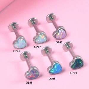 1PC Surgical Steel Opal Helix Tragus Heart Earring Labret Lip Brosilage Piercing Smycken Internt tråd 1,0 mm Skruv Fit 16G