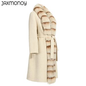 冬のためのJaxmonoy Women's Cashmere Coat22222 New Style Luxury Real Fox Fur Trim Long Trench Ladies Elegant Belt Slim Outerwear