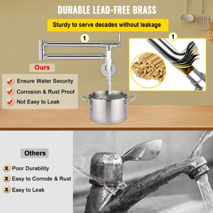 Vevor Pot Filler Double Faucet Solid Brass Commercial Wall Mount Kitchen Stove Faucet with Matte Black Finish折りたたみ折りたたみレストラン