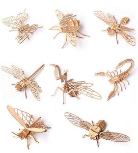 Drewniane owady zwierzęta puzzli 3d Montaż Model Mutorfly Honeybee Dragonfly Deetle Grasshopper Mantis Cicada Scorpion Handmad6089012