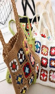 Bohemain Crochet Mulheres Bolsas de ombro da Granny Square Bolsas de malha casual de malha feita à mão tecida praia de verão pequena bolsa 2207051891920